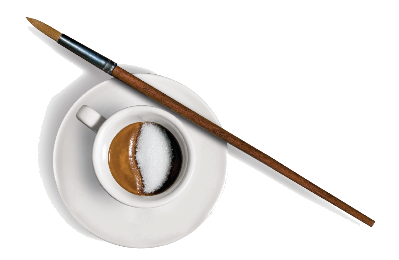 Espressokop met schilderspenseel als verwijzing naar de Italiaanse schilder Caravaggio