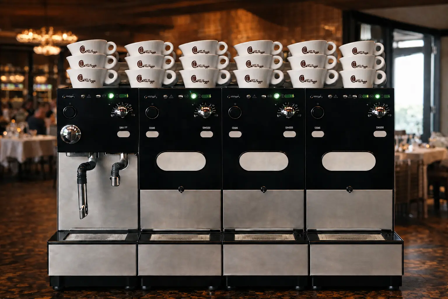 Vierdelig Caffè del Caravaggio koffiesysteem met Italiaans porselein in een warm restaurantinterieur