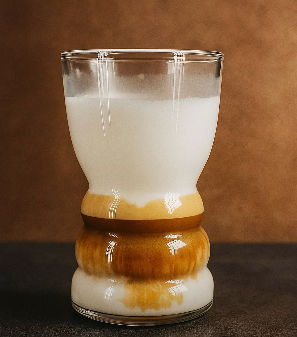 Gelaagde koffie- en melkcreatie als bijzondere presentatie voor gasten