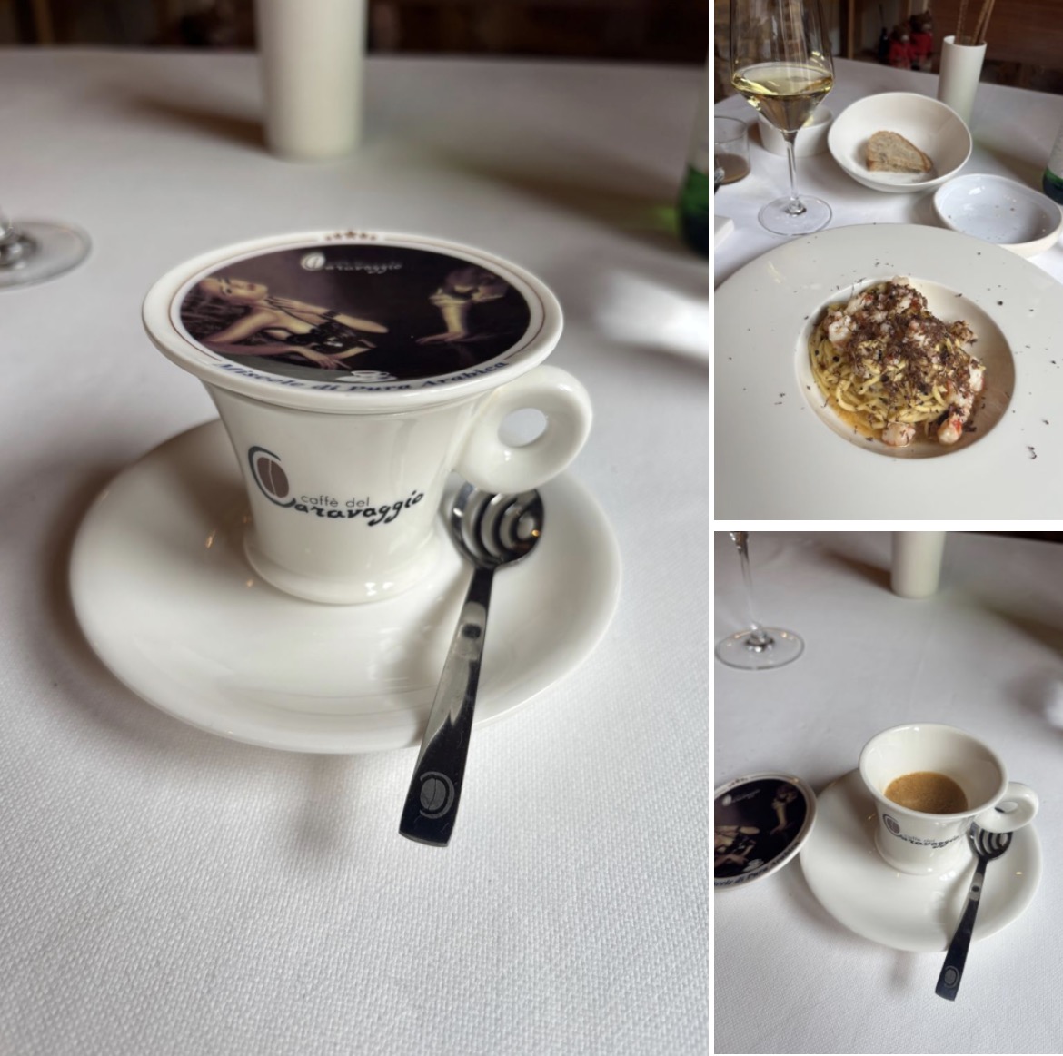 Caffè del Caravaggio na een restaurantmaaltijd aan een gedekte tafel