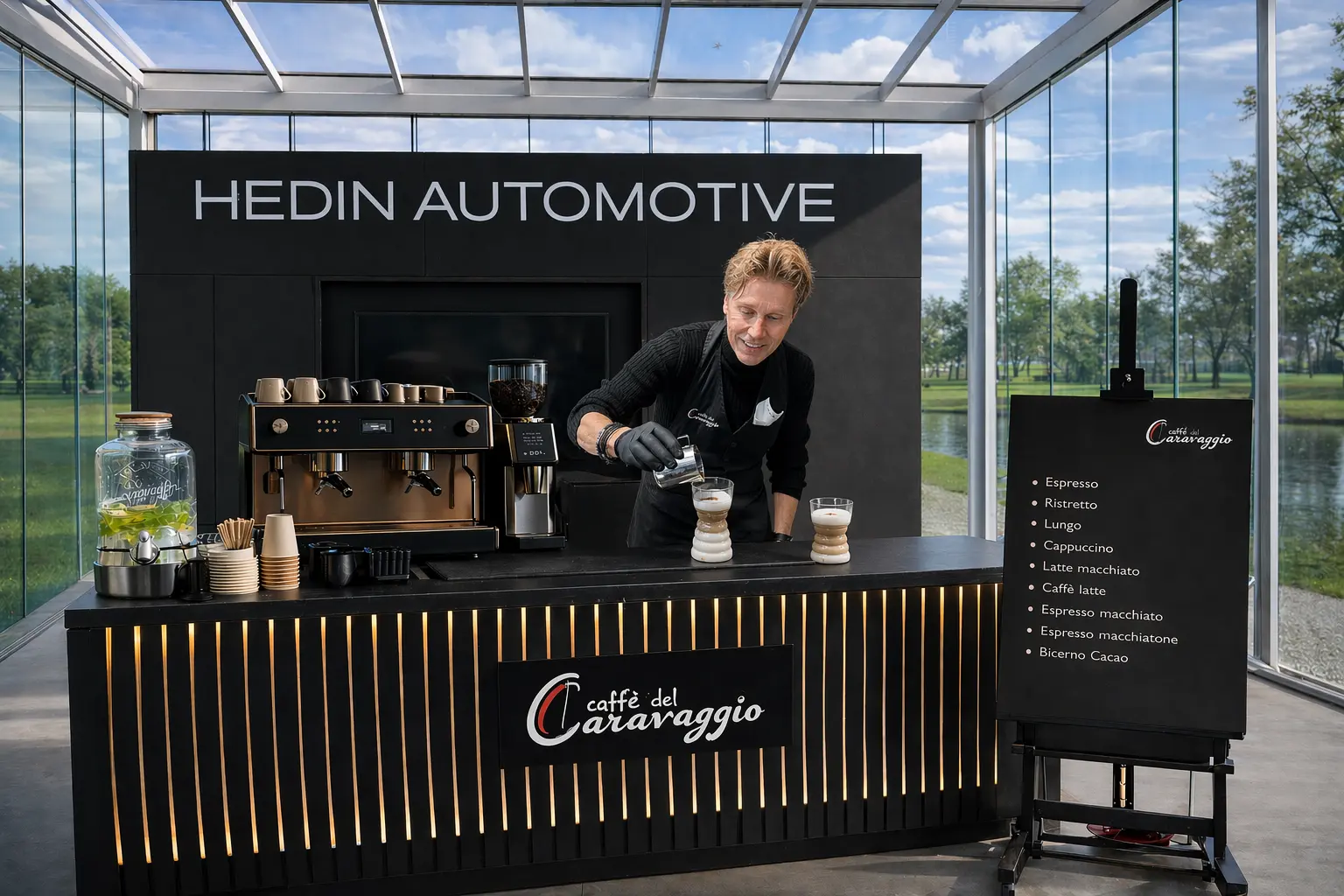 Gerard van Capo di Caffè verzorgt koffie achter de Caffè del Caravaggio bar bij Hedin Automotive
